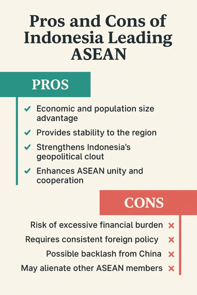 infografis pro dan kontra tentang kepemimpinan Indonesia di ASEAN, termasuk stabilitas kawasan, beban finansial, dan diplomasi regional.
