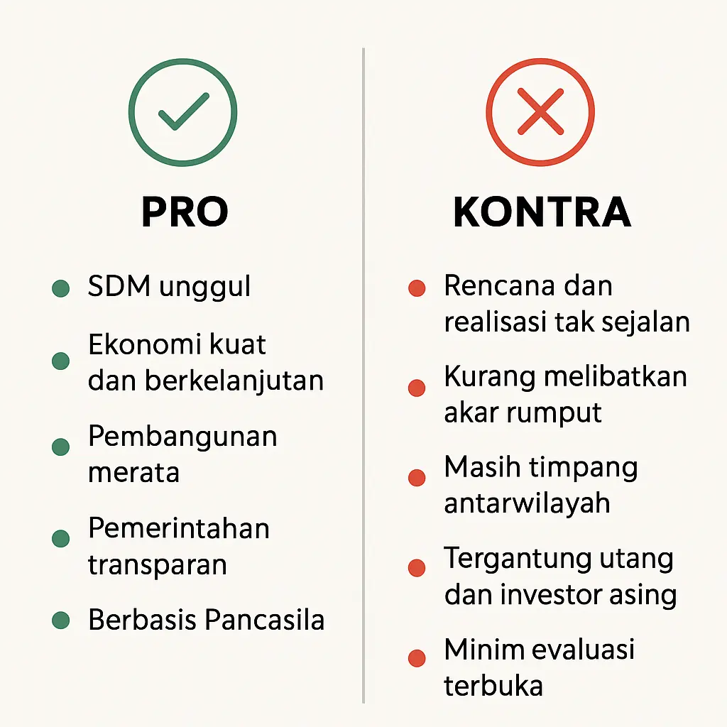 Infografis dua kolom berisi pro dan kontra Visi Indonesia Emas 2045 dalam bahasa Indonesia